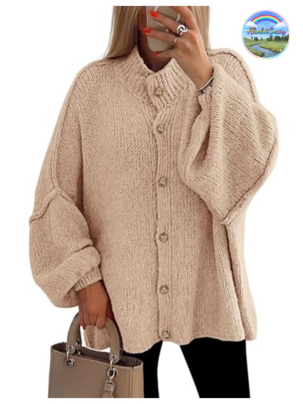 Oversized Chunky Knit Cardigan Sweater Button Down Mock Neck Lantern Sleeve